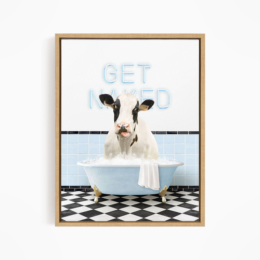 A cow sitting in a bathtub with the text "GET NAKED" displayed above it.