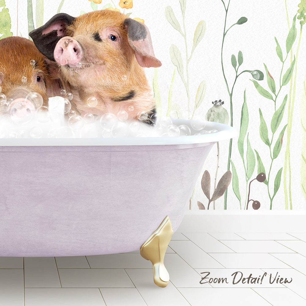 A pink bathtub filled with bubbles, with two adorable pigs sitting inside and enjoying the bath.