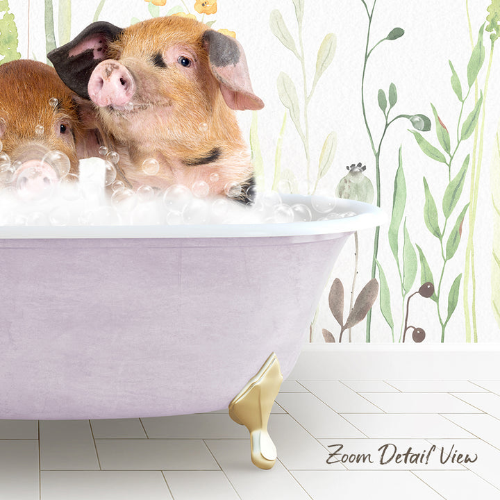 A pink bathtub filled with bubbles, with two adorable pigs sitting inside and enjoying the bath.