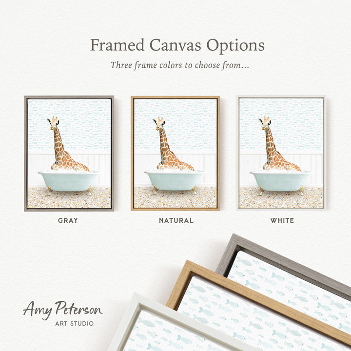 three framed canvas options featuring a giraffe in a bathtub, each with a different frame color: gray, natural, and white.