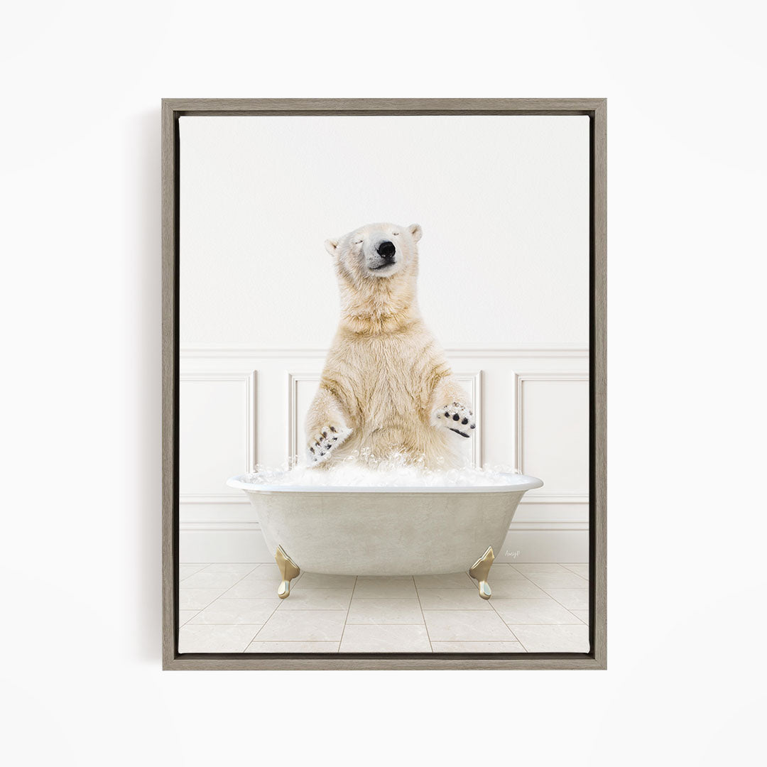 A polar bear standing in a bathtub filled with water, appearing to be enjoying the bath.