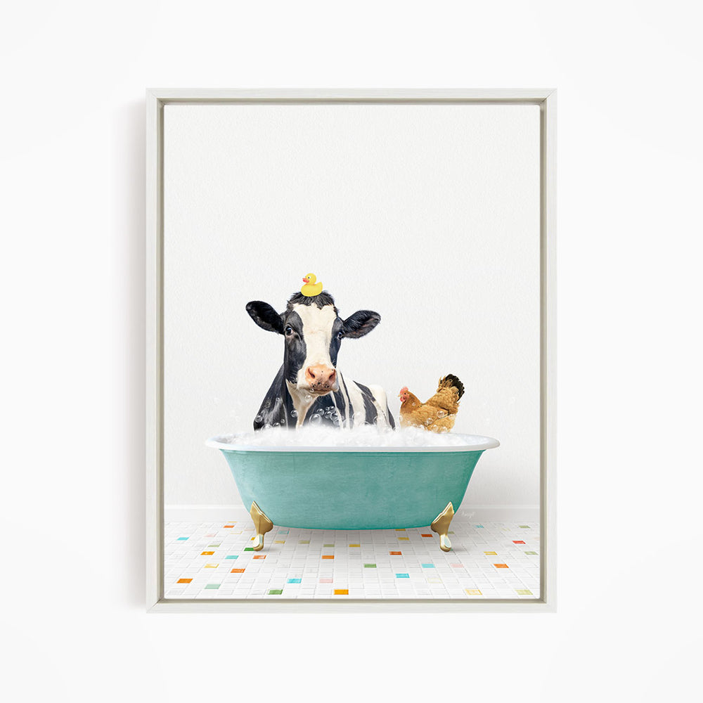 A cow is sitting in a bathtub filled with water, surrounded by a chicken and a duck.