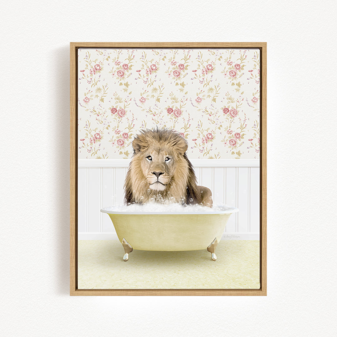 A lion sitting in a bathtub filled with bubbles, surrounded by a floral wallpaper.