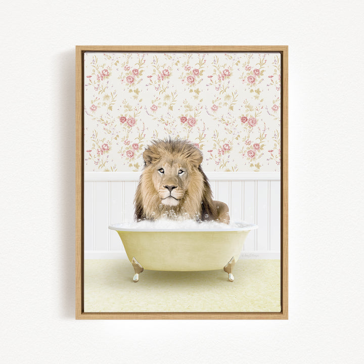 A lion sitting in a bathtub filled with bubbles, surrounded by a floral wallpaper.
