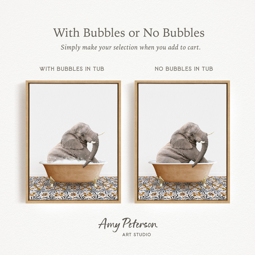 The image is a collage of two pictures, each featuring an elephant sitting in a tub. The text above the images reads "With Bubbles or No Bubbles" and below the images, it says "Simply make your selection when you add to cart."