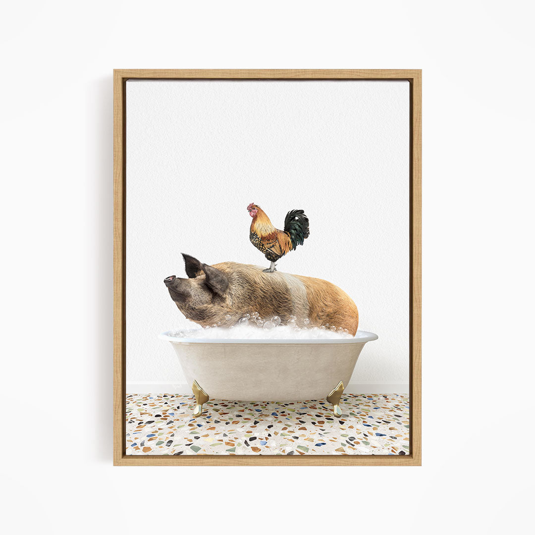 A rooster sits atop a pig in a bathtub, creating a whimsical and humorous scene.