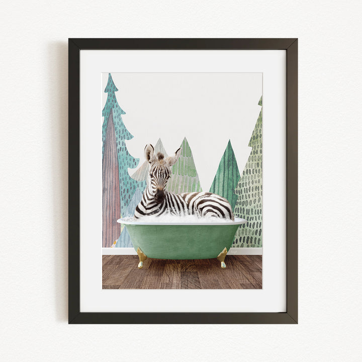 A zebra is sitting in a green bathtub, surrounded by trees with green and brown leaves, creating a whimsical and playful scene.