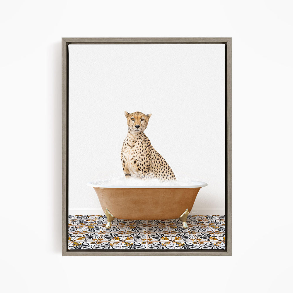 A cheetah sitting in a bathtub filled with water, looking directly at the camera.
