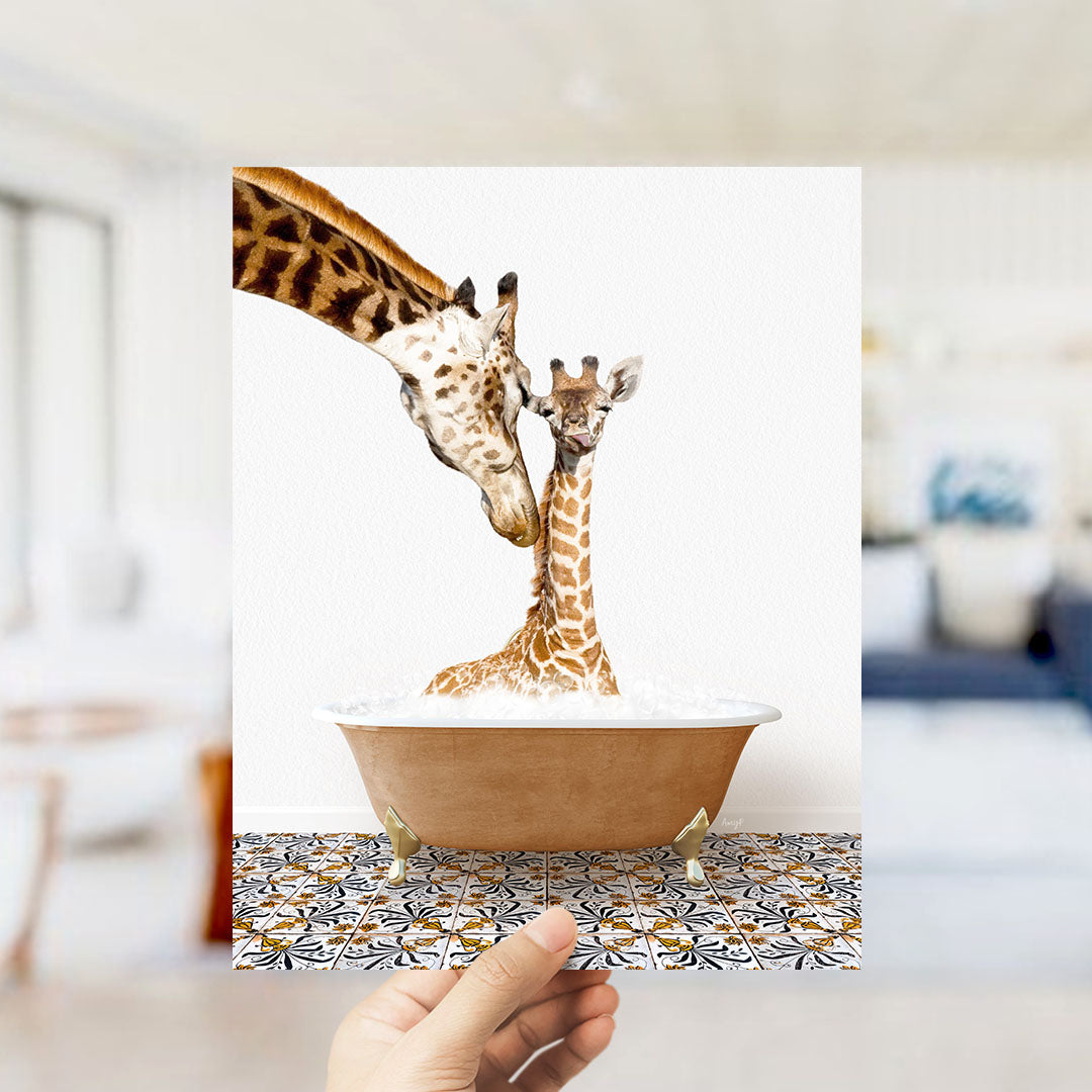 A mother giraffe and her baby giraffe are sitting together in a bathtub filled with water, creating a heartwarming scene.