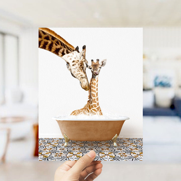 A mother giraffe and her baby giraffe are sitting together in a bathtub filled with water, creating a heartwarming scene.