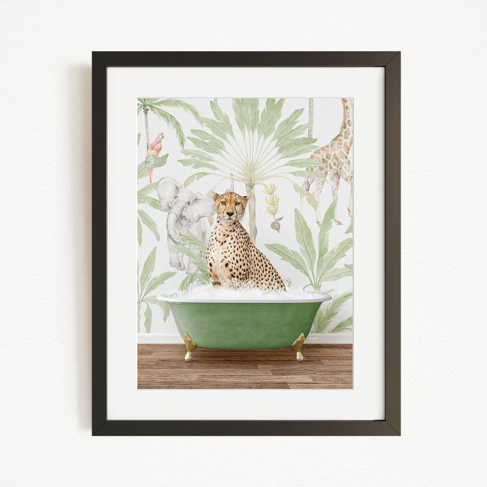 A cheetah sitting in a green bathtub, surrounded by a tropical jungle wallpaper.