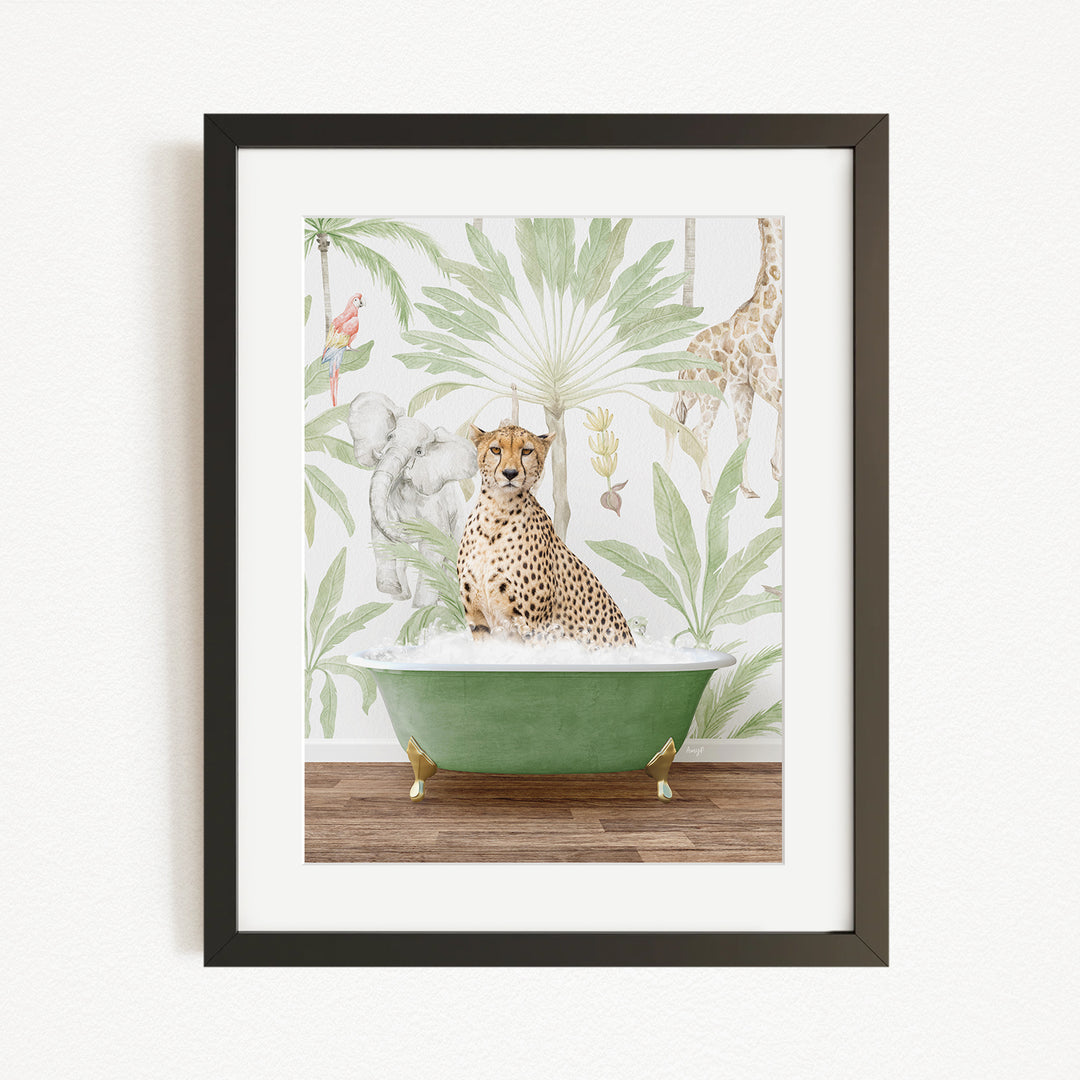 A cheetah sitting in a green bathtub, surrounded by a tropical jungle wallpaper.