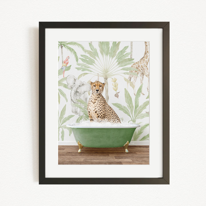 A cheetah sitting in a green bathtub, surrounded by a tropical jungle wallpaper.