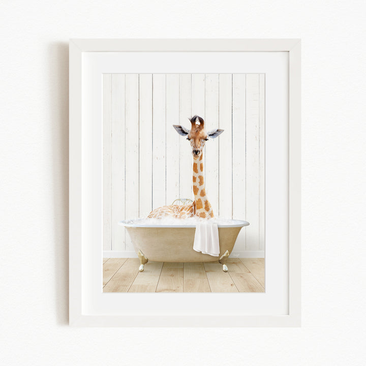 A giraffe is sitting in a bathtub filled with water, creating a whimsical and playful scene.