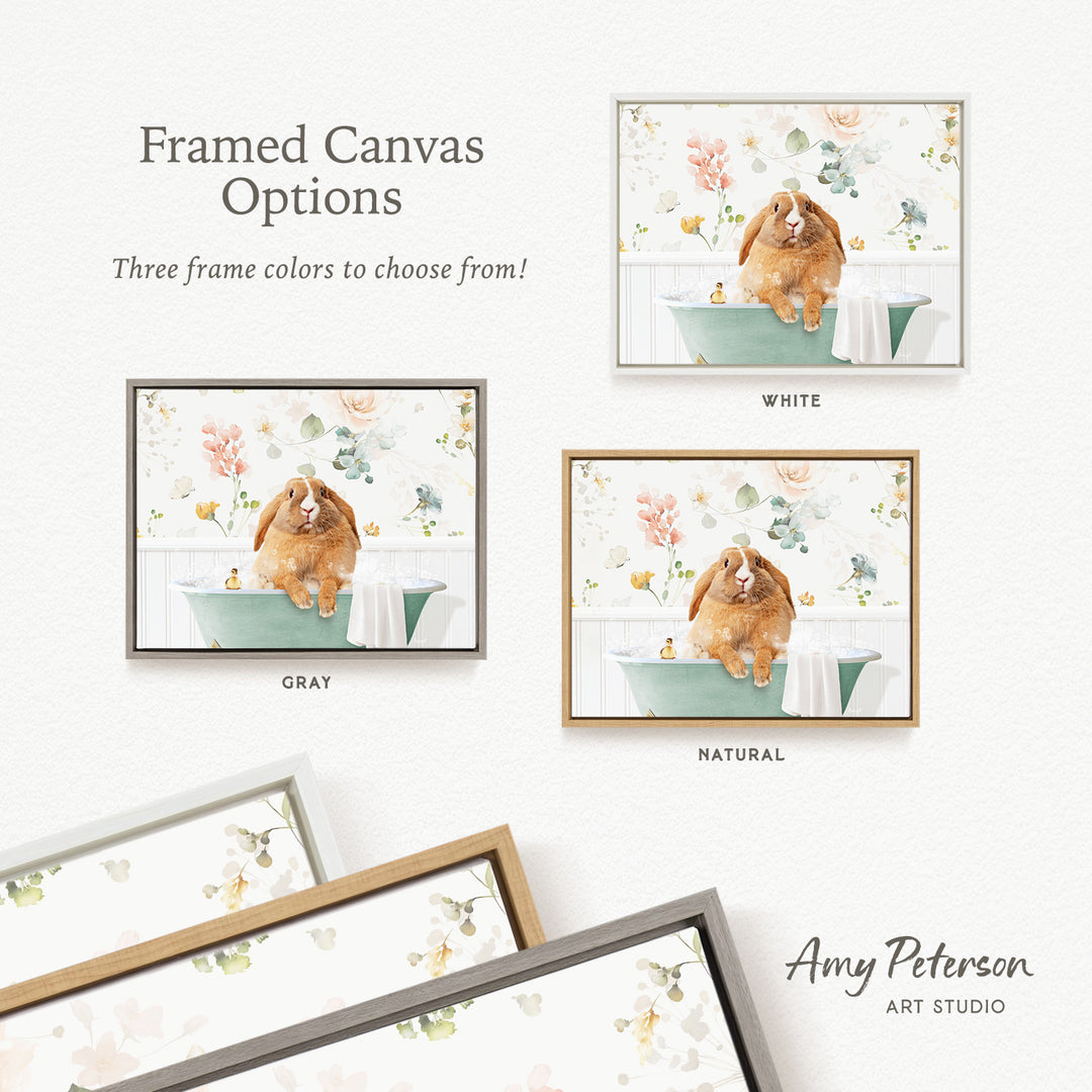The image is a framed canvas with three different color options for a painting of a dog sitting in a bathtub. The options are "White", "Grays", and "Natural".