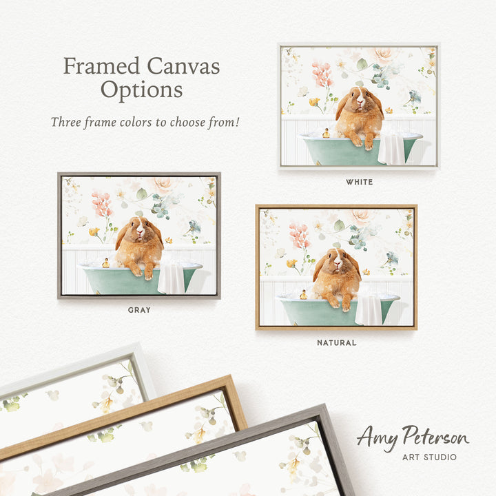 The image is a framed canvas with three different color options for a painting of a dog sitting in a bathtub. The options are "White", "Grays", and "Natural".