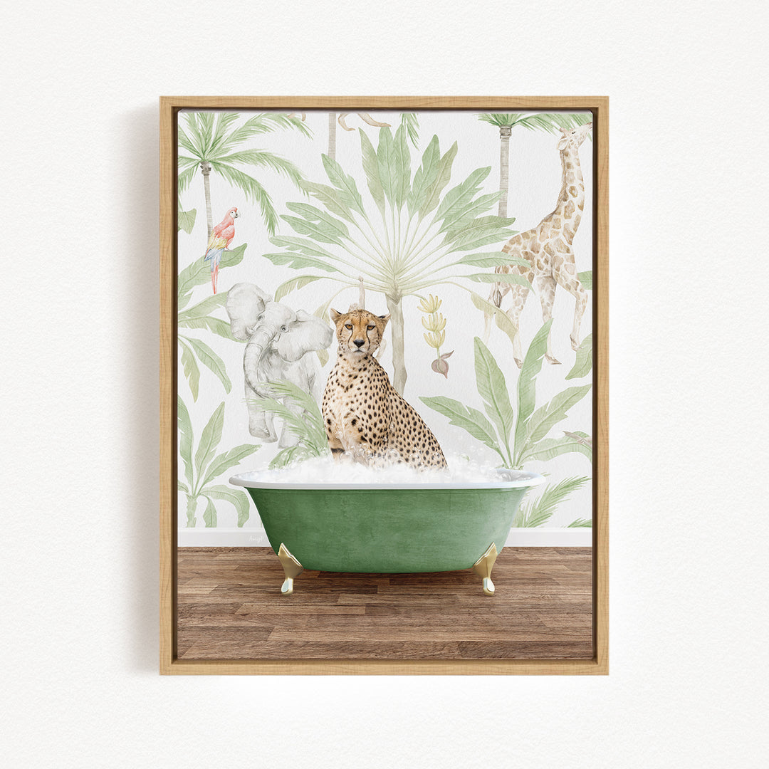 A cheetah sitting in a green bathtub, surrounded by a tropical jungle scene with palm trees, giraffes, and other animals.