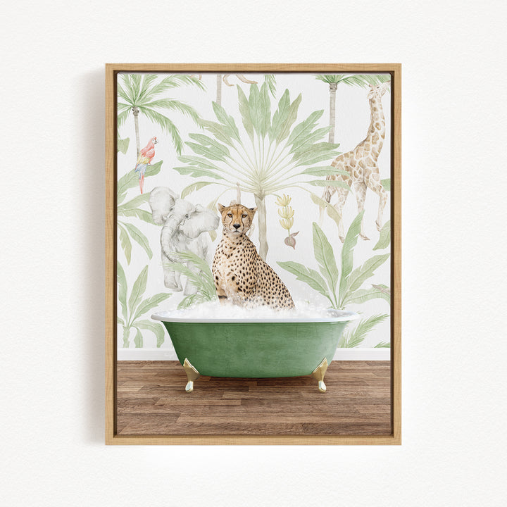 A cheetah sitting in a green bathtub, surrounded by a tropical jungle scene with palm trees, giraffes, and other animals.