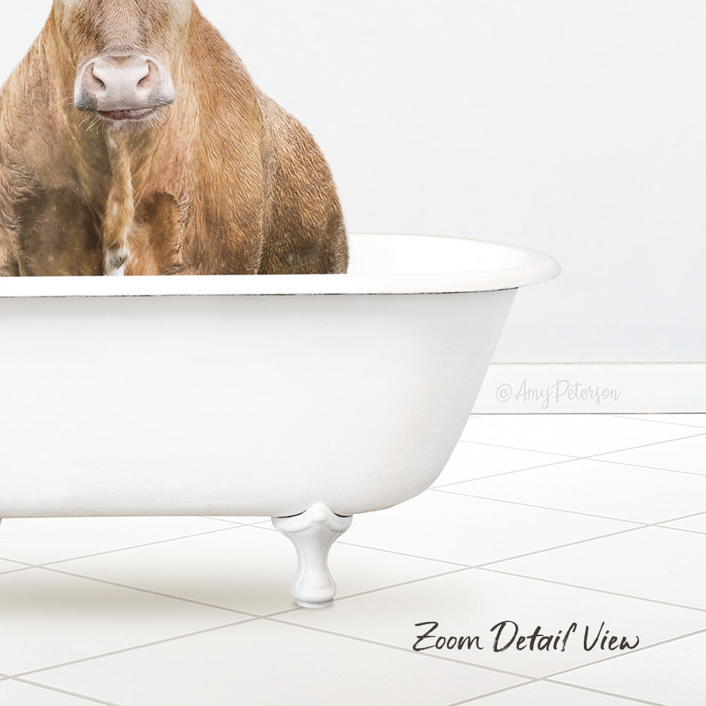 A brown cow is sitting in a white bathtub, which is placed on a tiled floor.