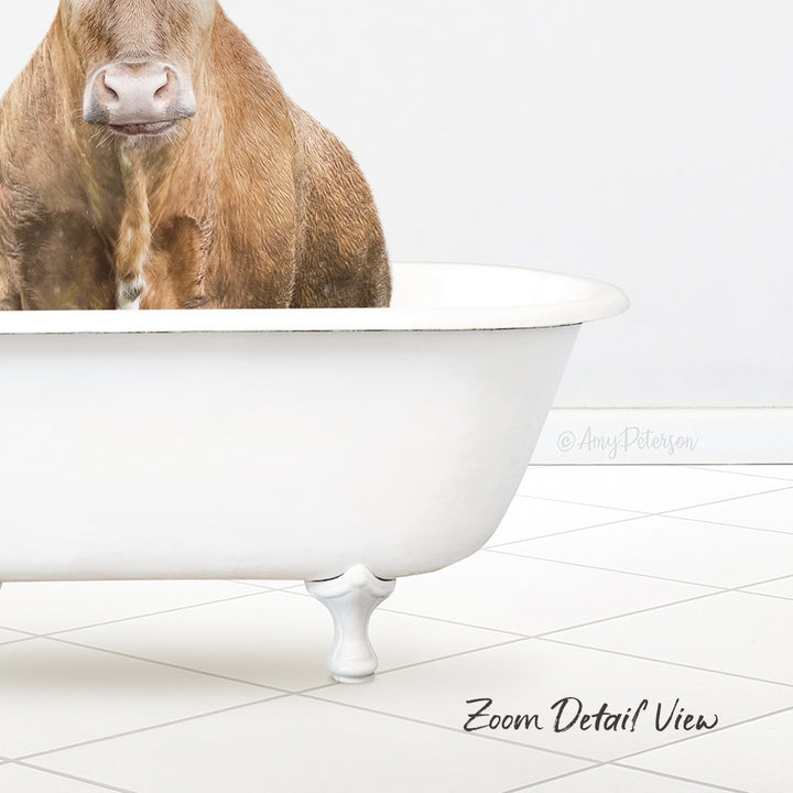 A brown cow is sitting in a white bathtub, which is placed on a tiled floor.