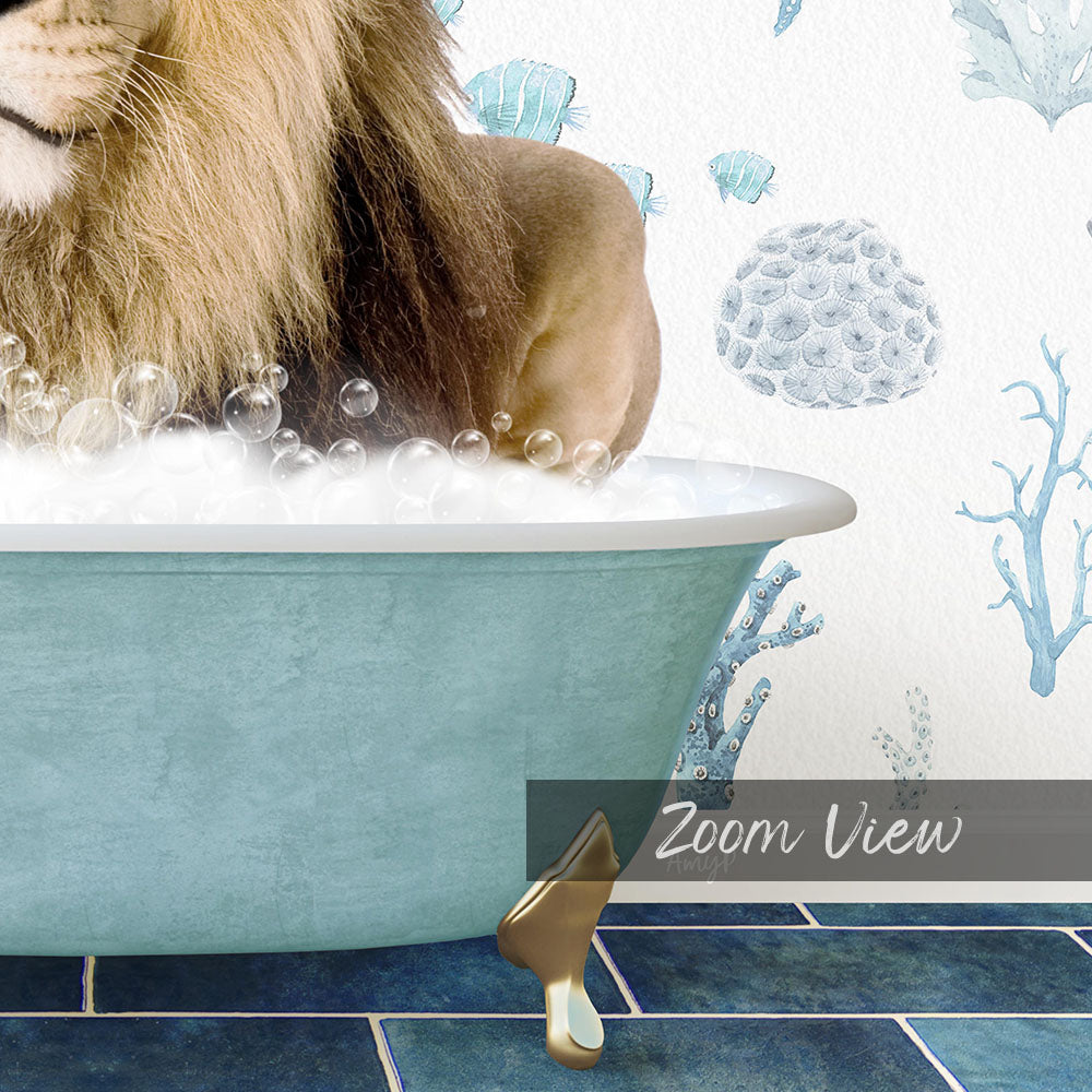 A lion is sitting in a bathtub filled with bubbles, surrounded by a blue and white underwater scene.