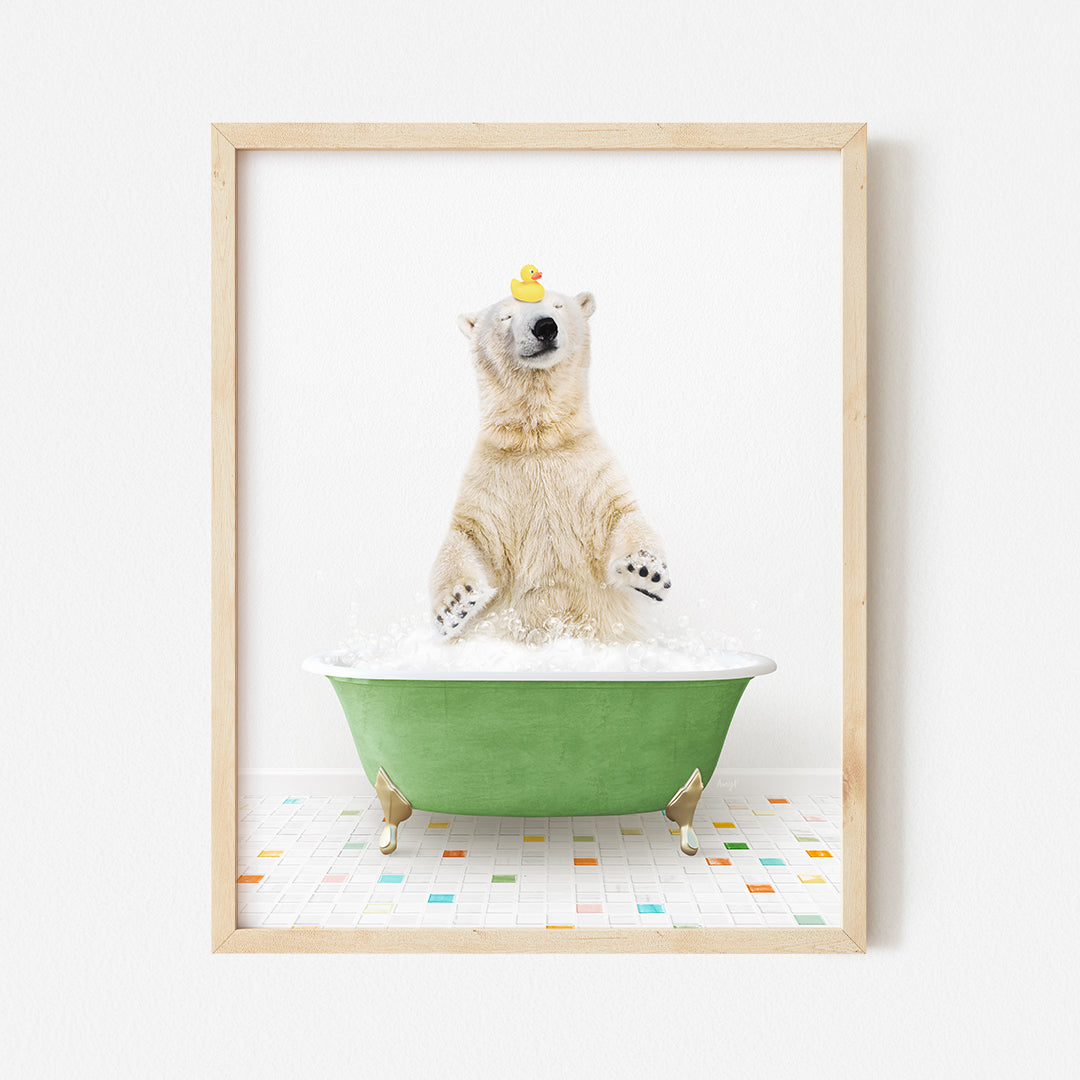 a polar bear in a bathtub with a crown on its head