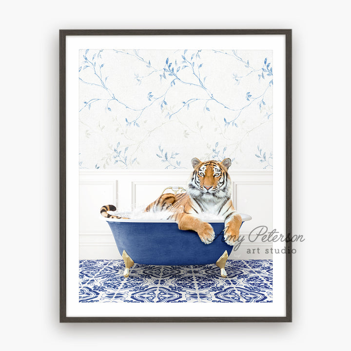 a painting of a tiger sitting in a bathtub