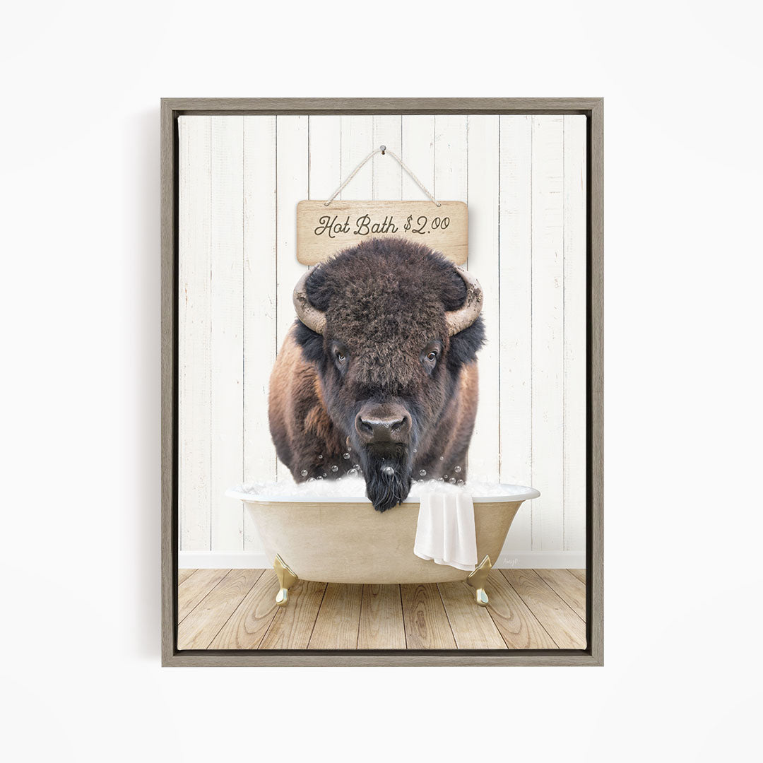 A buffalo is sitting in a bathtub, with a sign above it that says "Hot Bath $2.00".