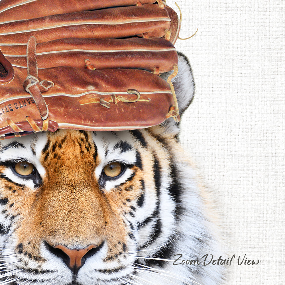 A close-up of a tiger's face with a baseball glove on its head.
