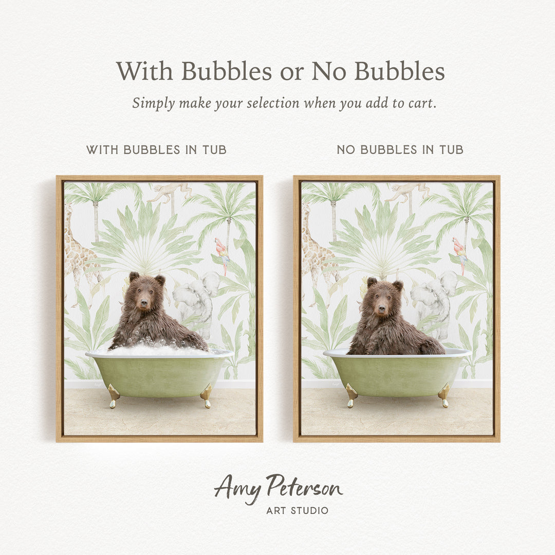 The image is a collage of two framed pictures, each featuring a bear sitting in a bathtub. The bear in the bathtub has bubbles, while the bear in the tub without bubbles. The collage is titled "With Bubbles or No Bubbles" and is created by Amy Peterson from Art Studio.