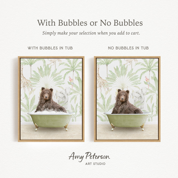 The image is a collage of two framed pictures, each featuring a bear sitting in a bathtub. The bear in the bathtub has bubbles, while the bear in the tub without bubbles. The collage is titled "With Bubbles or No Bubbles" and is created by Amy Peterson from Art Studio.