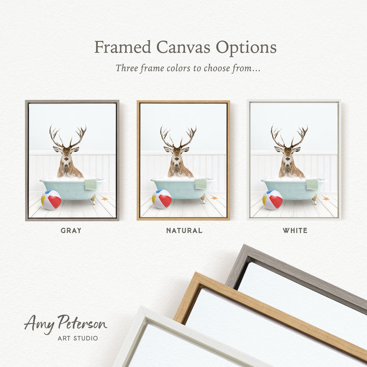 three framed canvas options, each featuring a deer in a bathtub with different colored frames.