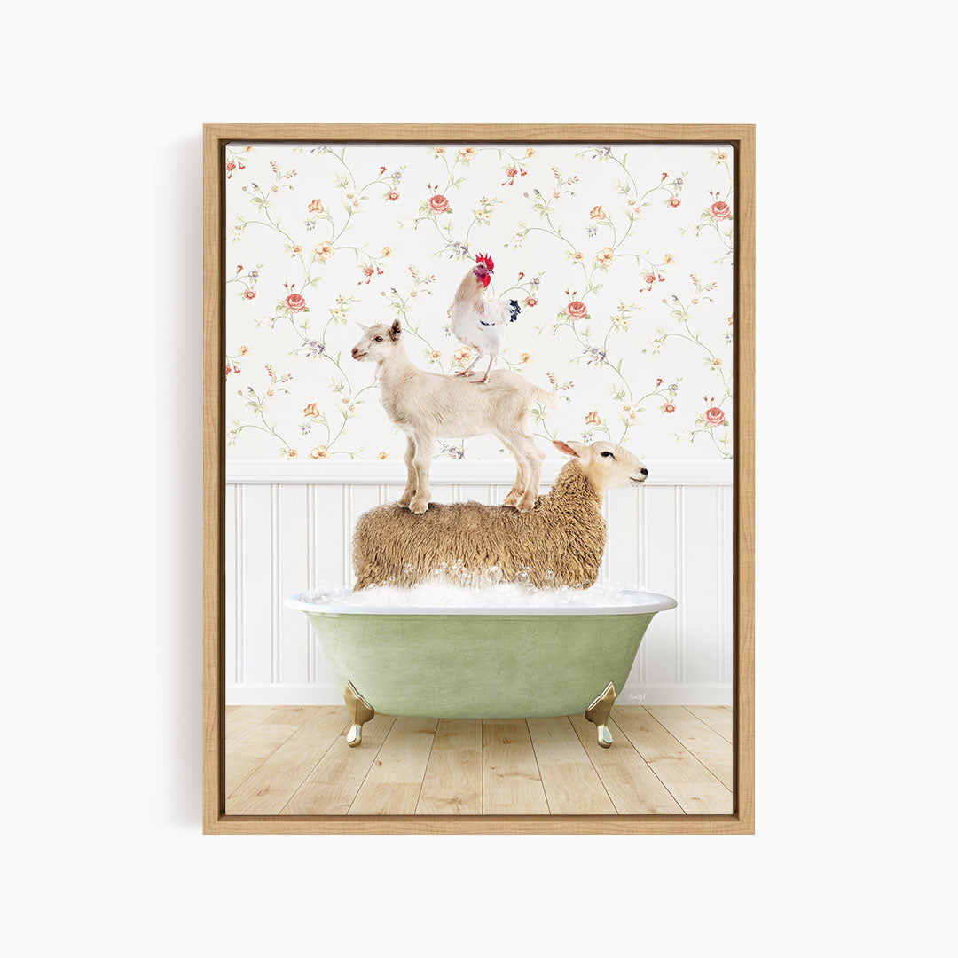 A framed image depicting a sheep standing on a green bathtub, with a chicken perched on top of it.