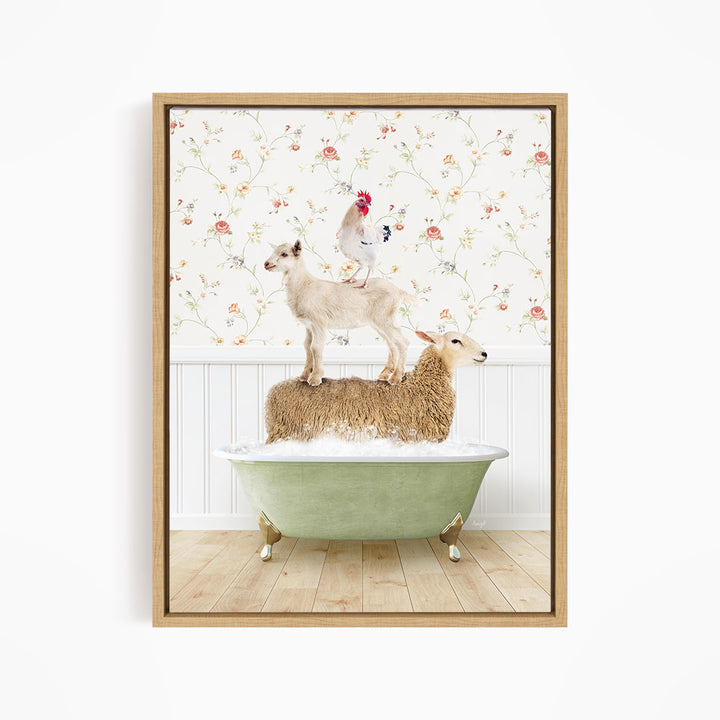 A framed image depicting a sheep standing on a green bathtub, with a chicken perched on top of it.