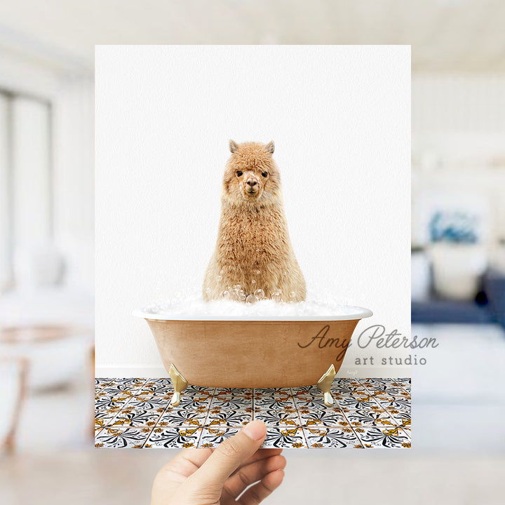 a person holding a card with a picture of a dog in a bathtub