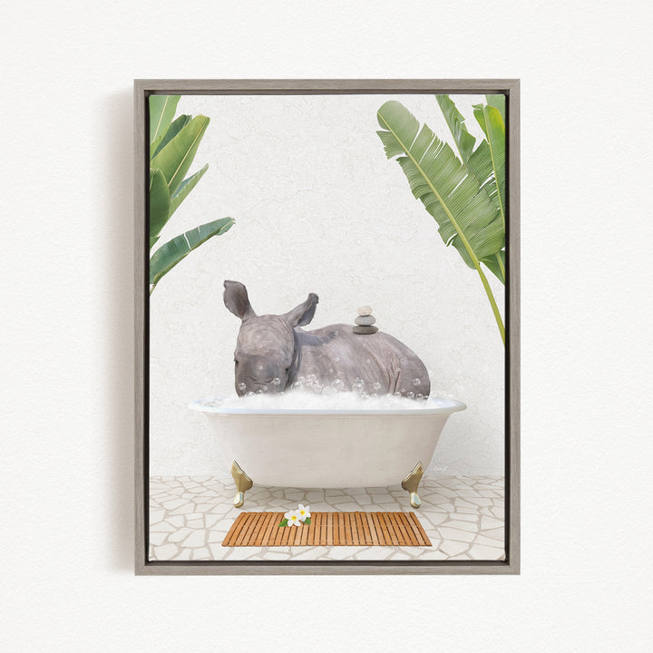 A rhinoceros is sitting in a bathtub filled with water, surrounded by tropical plants.