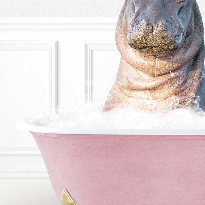 a hippopotamus sitting in a pink bathtub