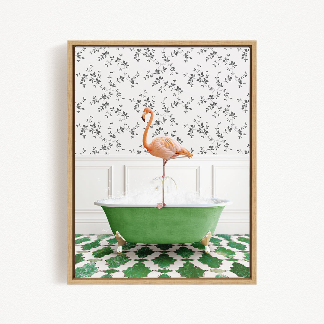A pink flamingo stands on the edge of a green bathtub filled with water, set against a backdrop of a white wall with a black and white floral pattern.