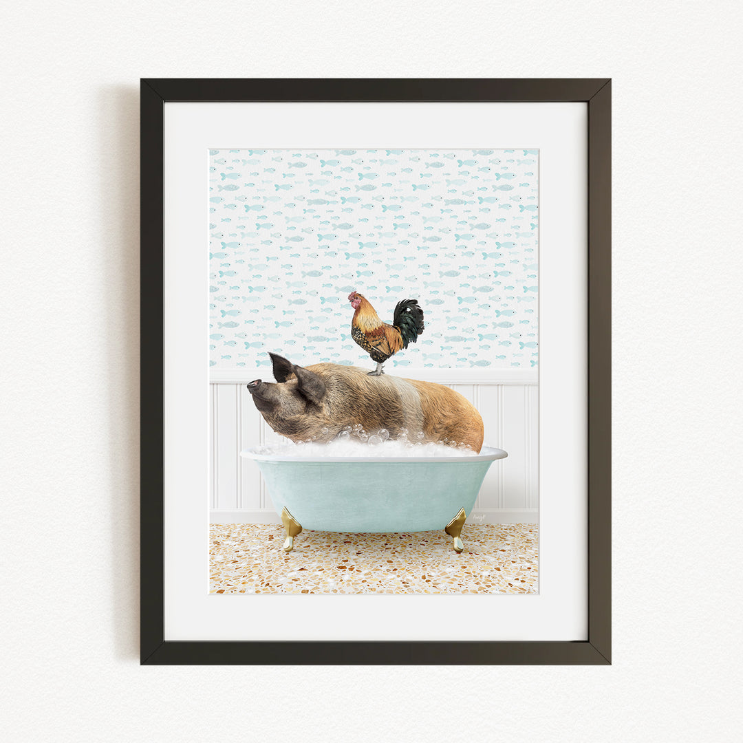 A rooster sits atop a pig in a bathtub, with a patterned wall behind them.