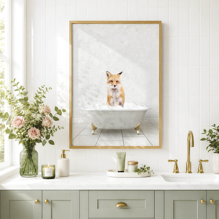 a framed photograph of a fox sitting in a bathtub, surrounded by a white bathtub, a sink, and a vase of flowers.