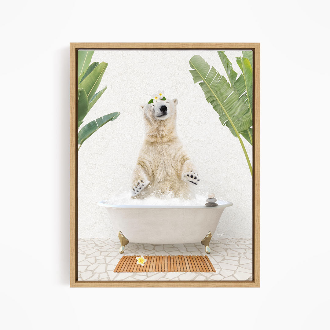 A polar bear sitting in a bathtub filled with water, surrounded by tropical plants and a wooden mat on the floor.