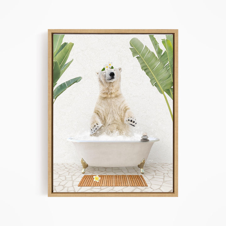 A polar bear sitting in a bathtub filled with water, surrounded by tropical plants and a wooden mat on the floor.