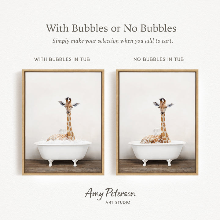 The image is a collage of two pictures featuring a giraffe sitting in a white bathtub. The text above the images reads "With Bubbles or No Bubbles" and below the images, it says "Simply make your selection when you add to cart."