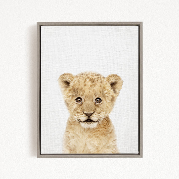 A young lion cub with a curious expression is the focus of the image, which is a framed print displayed on a white wall.