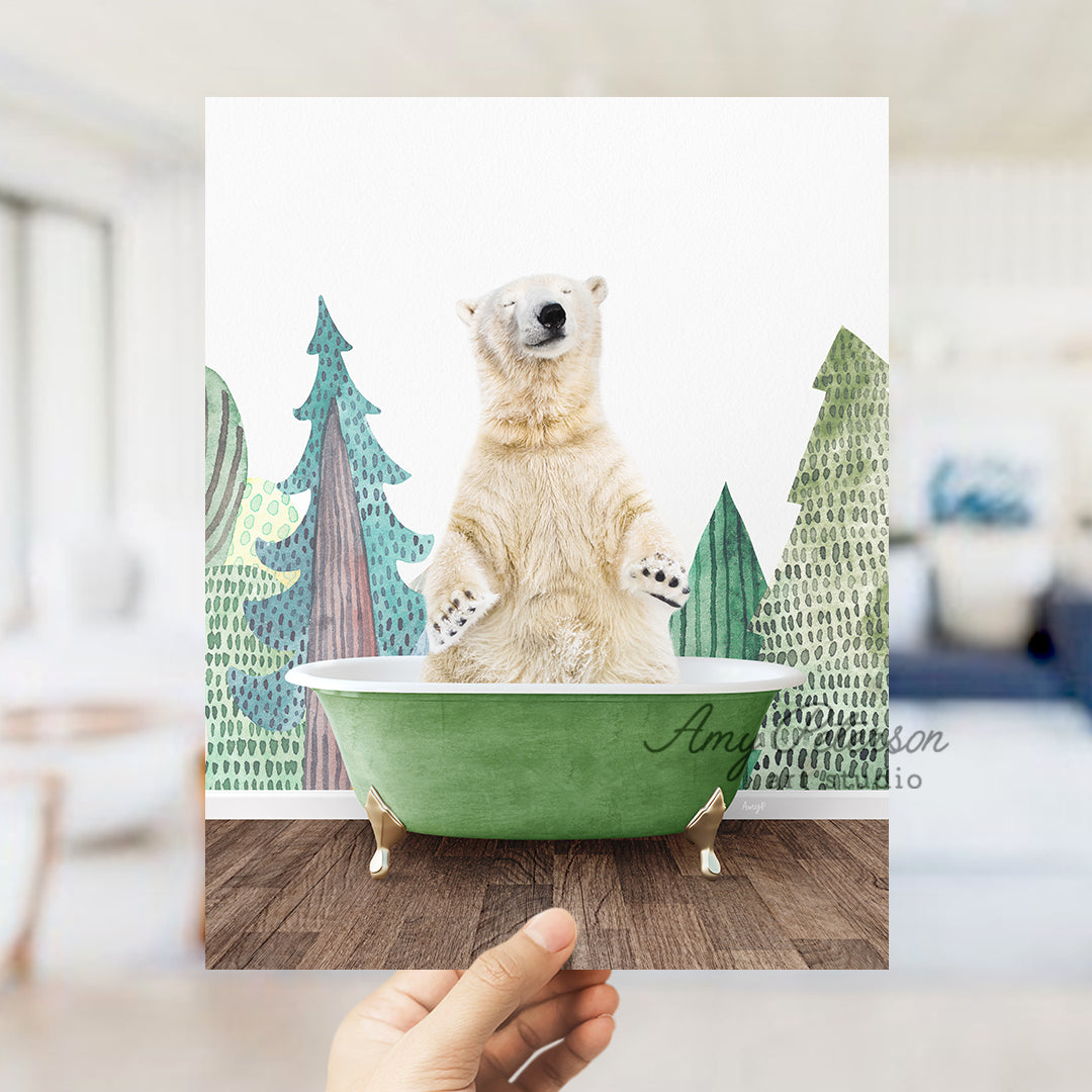 a polar bear sitting in a green bath tub