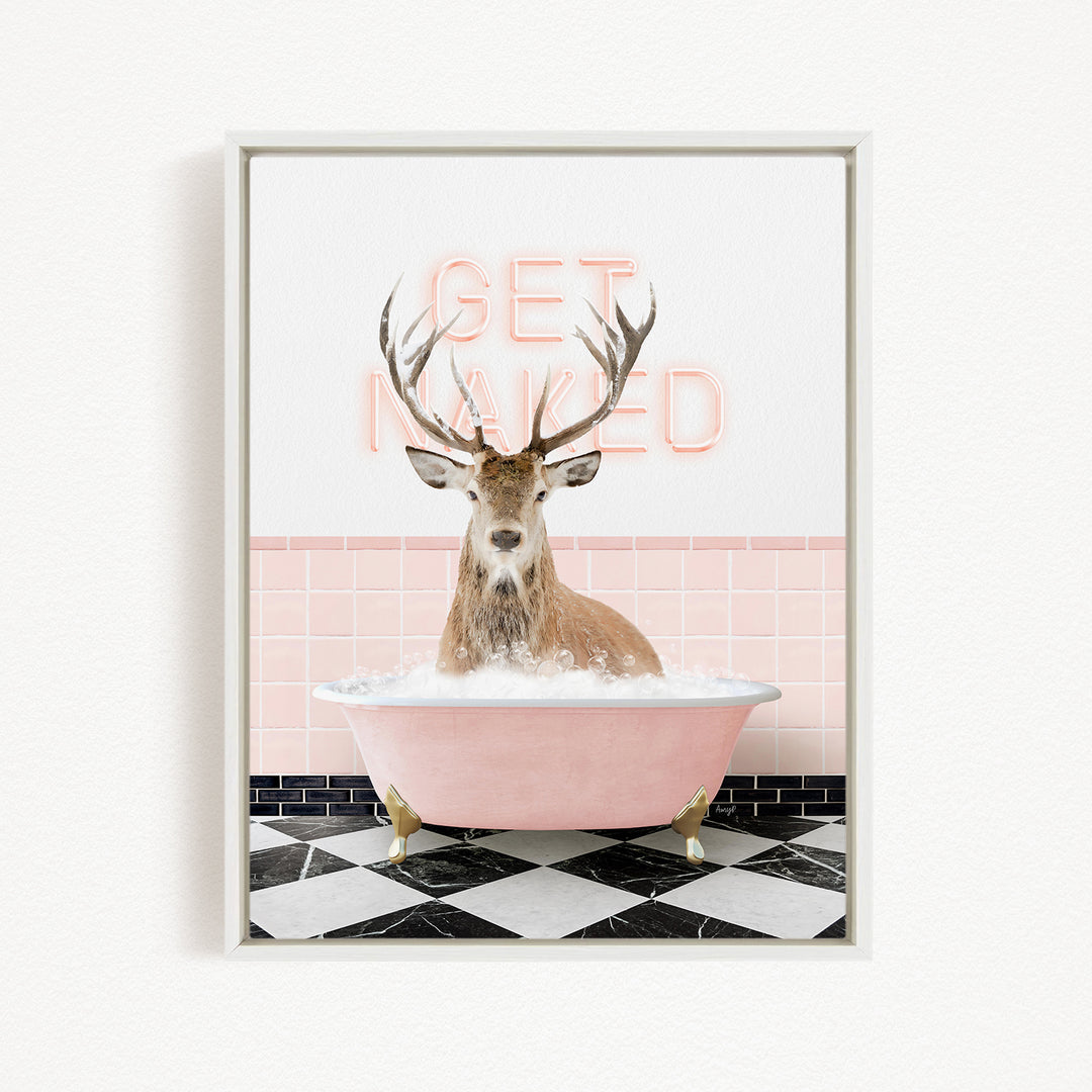 A deer with antlers is sitting in a pink bathtub, with a neon sign that says "GET NAUGED" in the background.