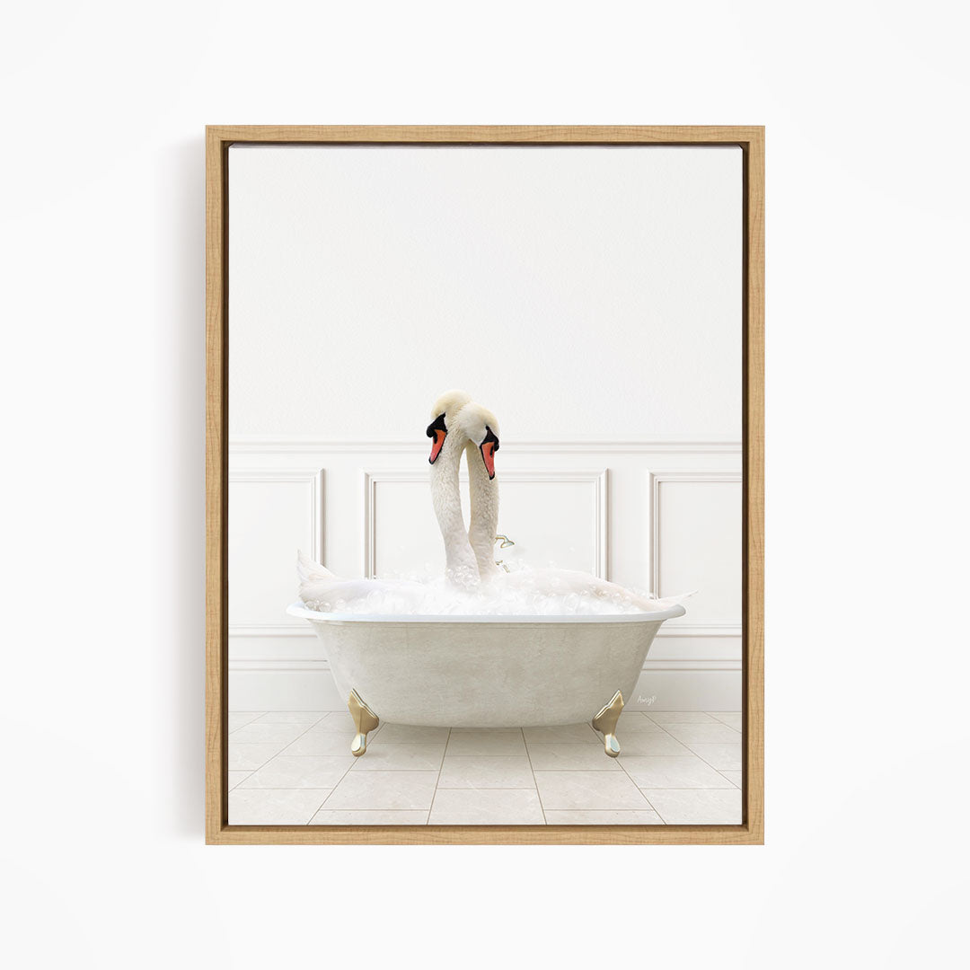 A white swan standing in a white bathtub filled with water, with its head and neck raised above the water's surface.