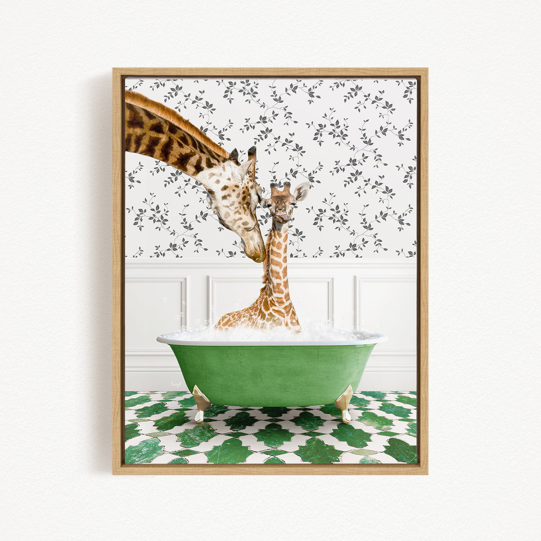 A mother giraffe and her baby giraffe are enjoying a bath together in a green bathtub, surrounded by a patterned green and white floor.
