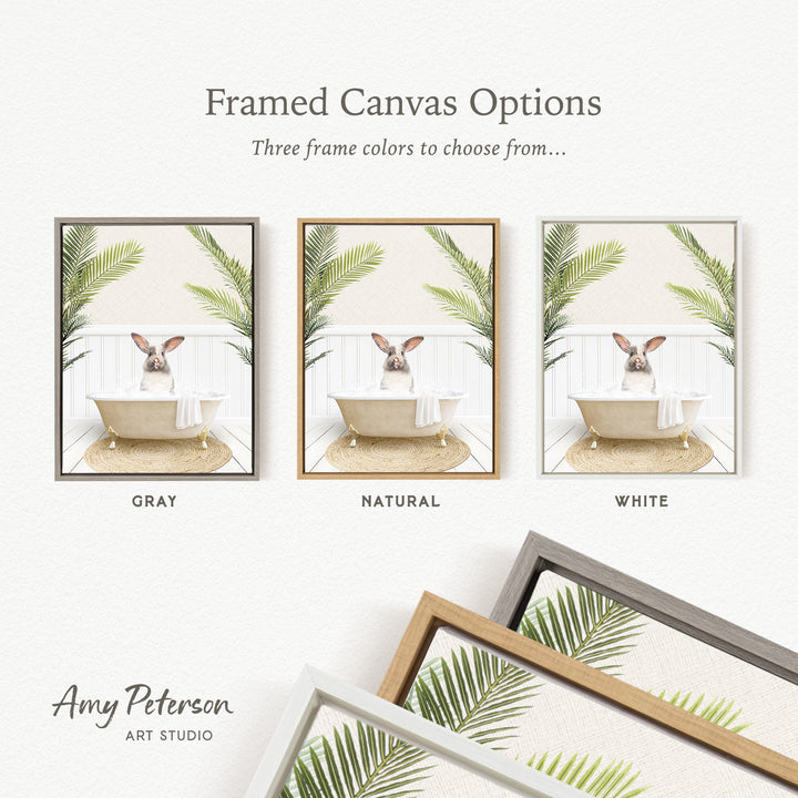 three framed canvas options, each featuring a different color and frame style. The options include a gray frame, a natural frame, and a white frame, with each frame showcasing a different color and style.