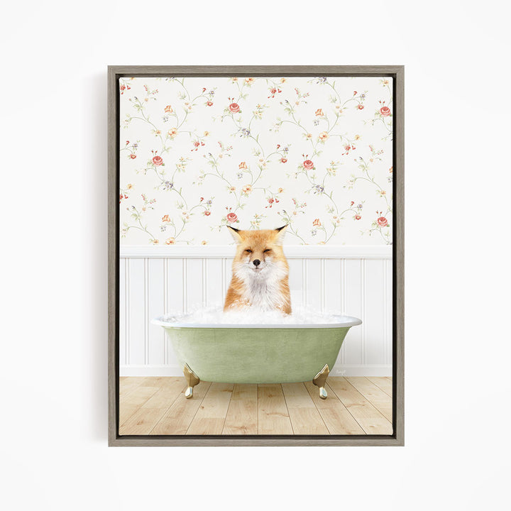 A fox is sitting in a green bathtub filled with water, with a floral wallpaper in the background.